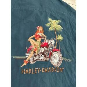 Harley Davidson Tori Richard Mens Silk Hawaiian Shirt XL Hula Girl Embroidered